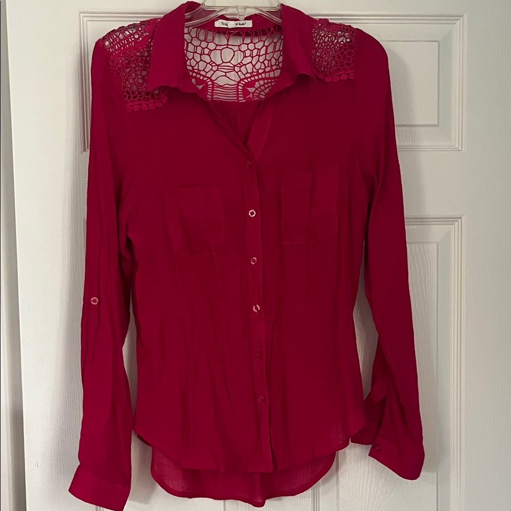 Hot pink boho styled button down. Open knit shoulders